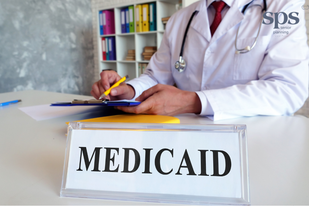 A doctor holding medical forms, with Medicaid-related terms like “Spend Down” and “QIT” highlighted—Senior Planning Services helps simplify the Medicaid process for you.
