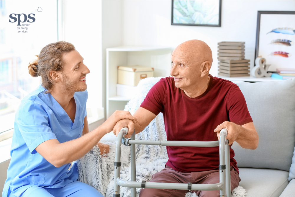Elderly man looks satisfied with his choice of hiring a caregiver - Senior Planning Services