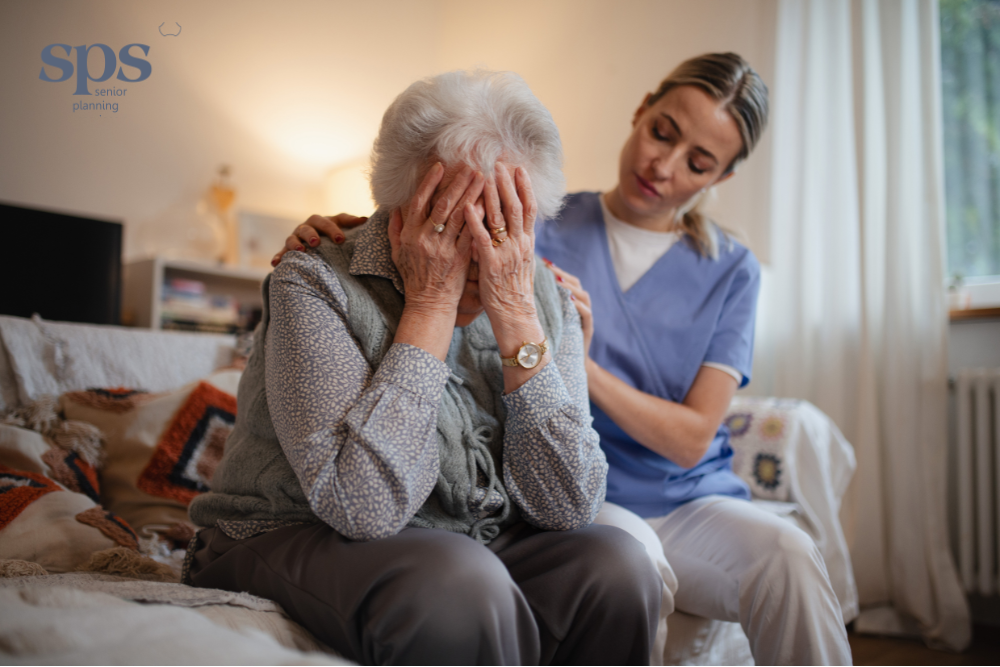 Senior woman with hands on her face, looking depressed, reflecting the need for senior planning services and emotional support.