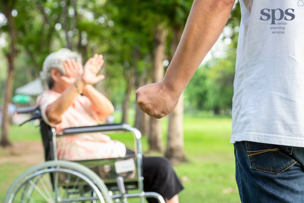 Elderly woman holding her hands up in front of her to protect herself from abuse, highlighting the importance of senior planning services for safety and support.