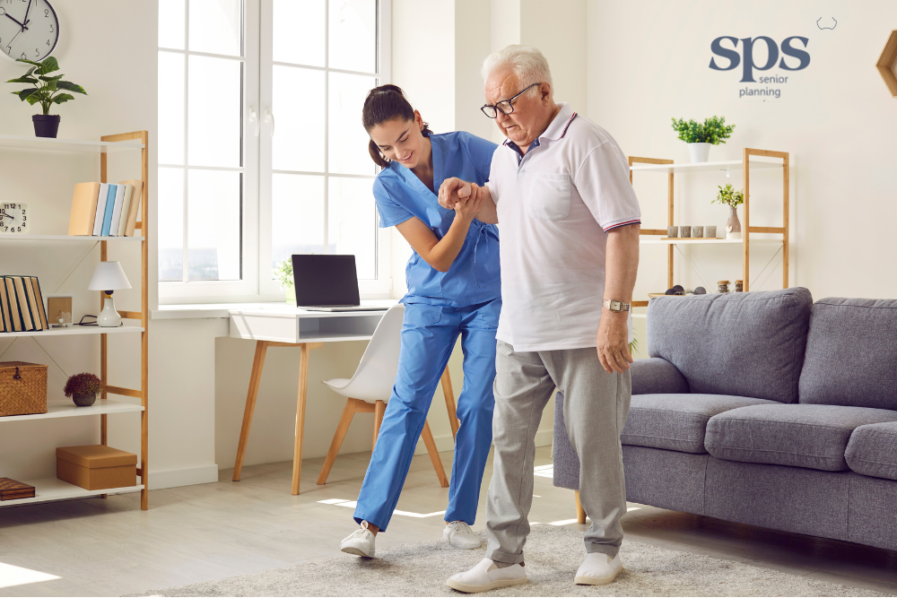 Senior man with a caregiver in an assisted living setting, illustrating compassionate support provided through Senior Planning Services.