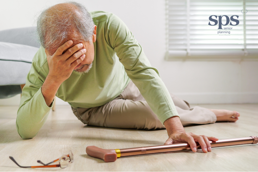  An elderly person lying on the floor after a fall, highlighting the risks seniors face at home—Senior Planning Services helps families implement safety precautions to protect their loved ones.